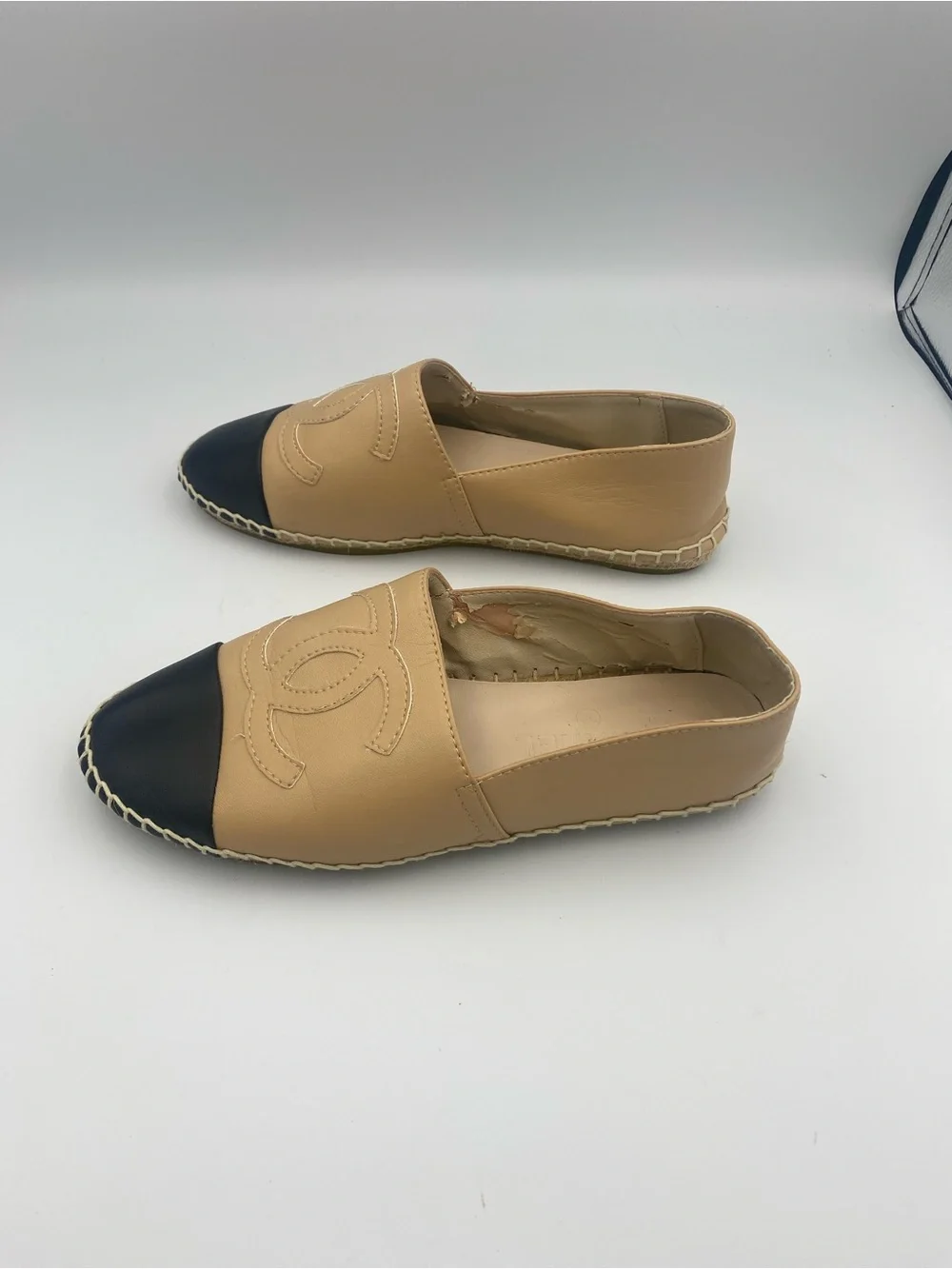 CHANEL Beige Leather Espadrilles with Black Cap Toe